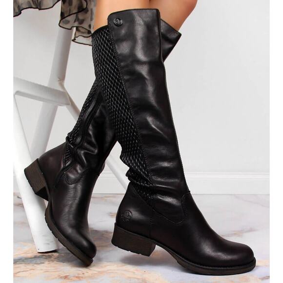 RIEKER Boots 38 Faith Black Smooth Leather Stretch Zip Tall Boot Z9591-00 NEW - Picture 1 of 11